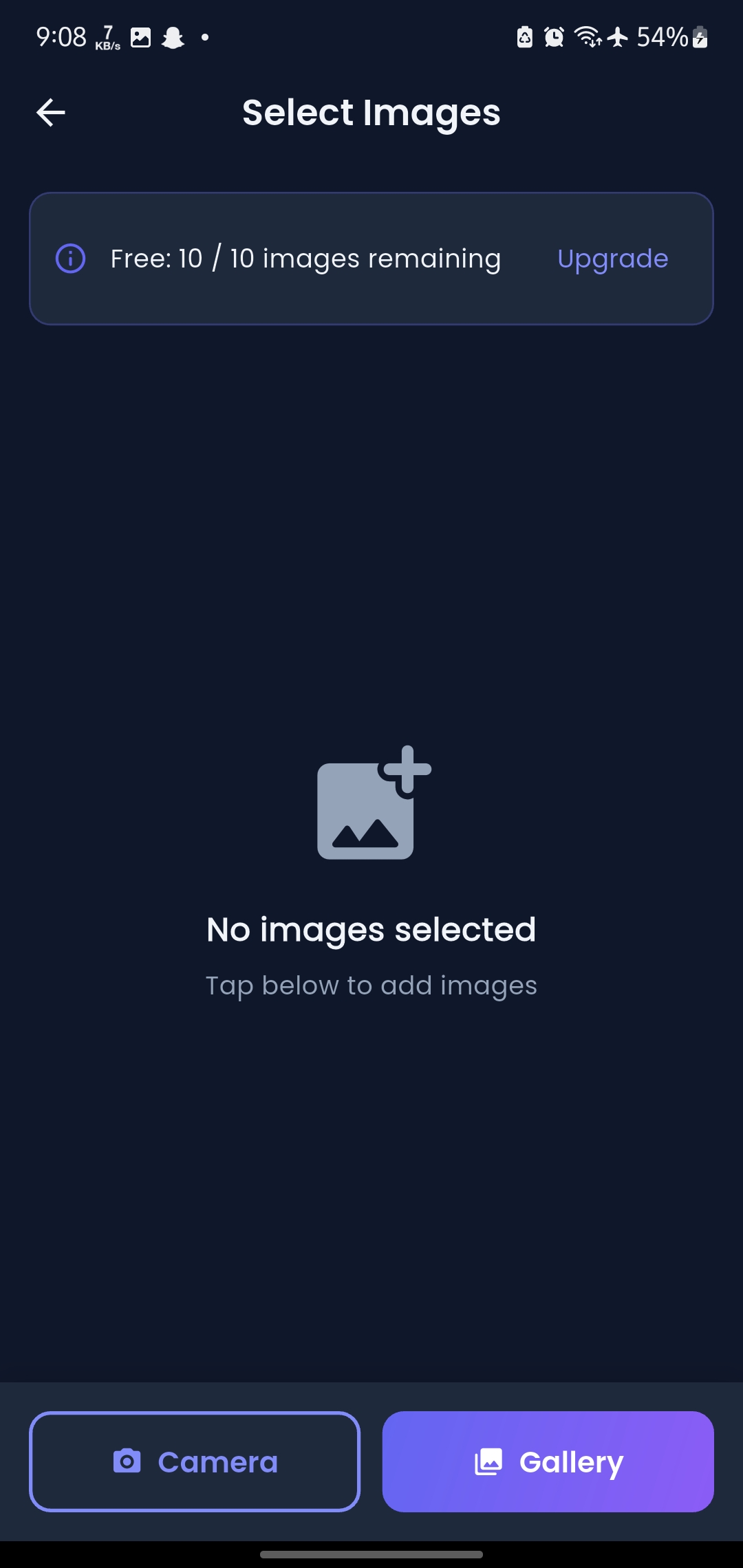 KlinPDF select images screen, empty state with camera and gallery buttons