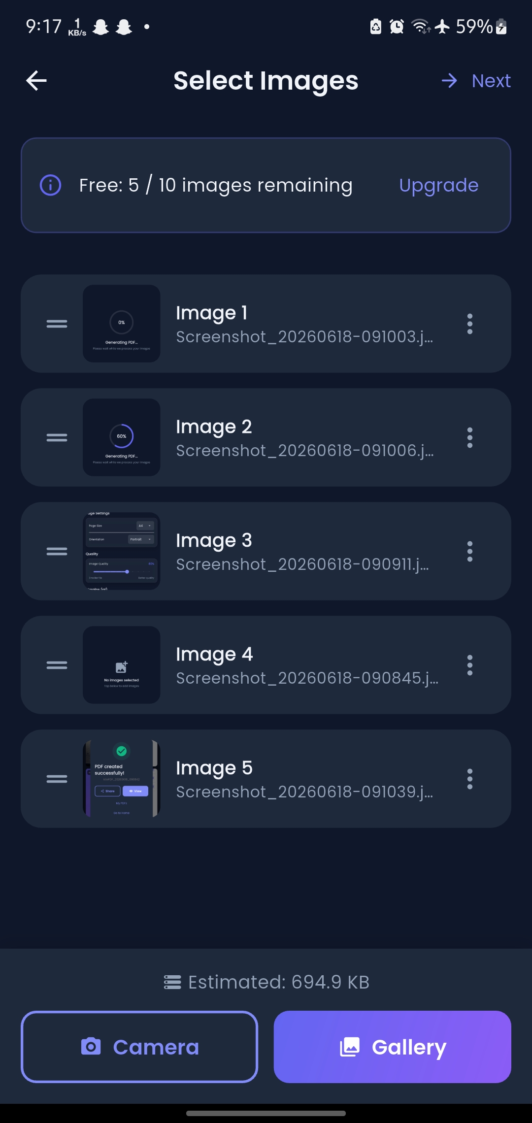 KlinPDF reorder screen showing five images with drag handles and live PDF generation progress