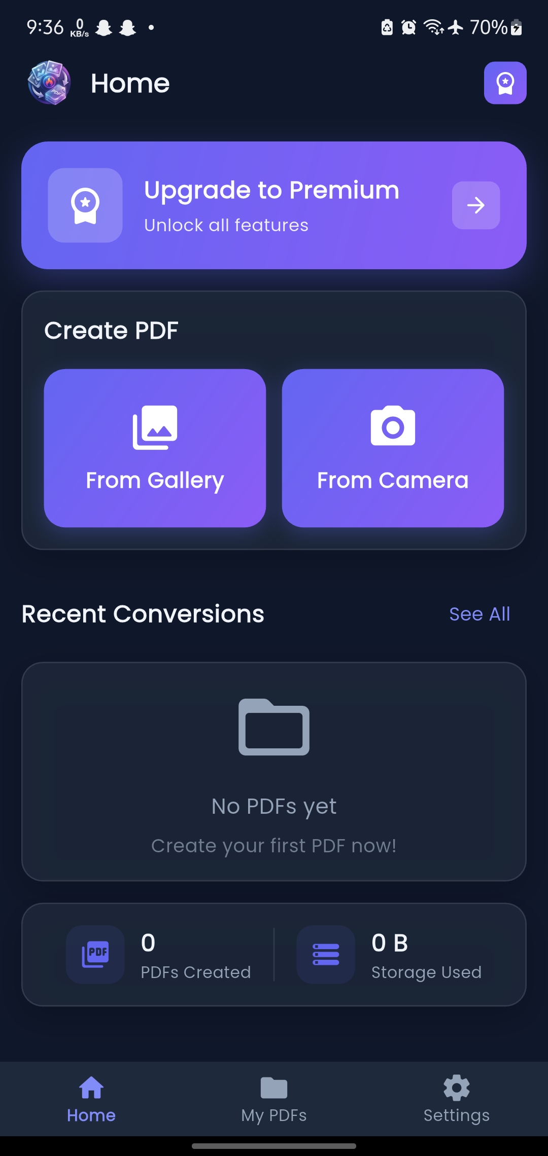 KlinPDF home screen showing Create PDF options and recent conversions